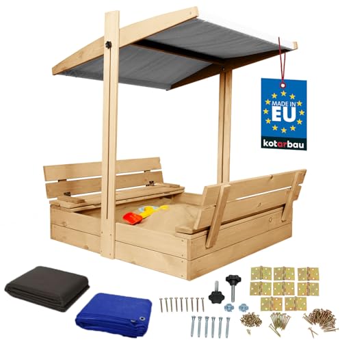 KOTARBAU® Sandkasten mit Abdeckung 100 x 100 cm Großer Naturfarbe Holzsandkasten mit Grau Dach Sandkasten mit Deckel Sandkasten mit Dach Gartenspielzeug Kinder imprägniert verschließbar mit Bänken von KOTARBAU