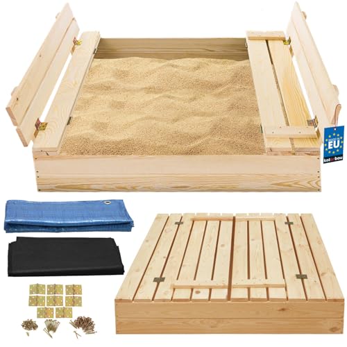 KOTARBAU® Sandkasten mit Abdeckung 100 x 100 cm Naturfarbe Großer Holzsandkasten Sandkasten mit Sitzbank und Deckel Gartenspielzeug Kinder imprägniert verschließbar mit Bänken von KOTARBAU