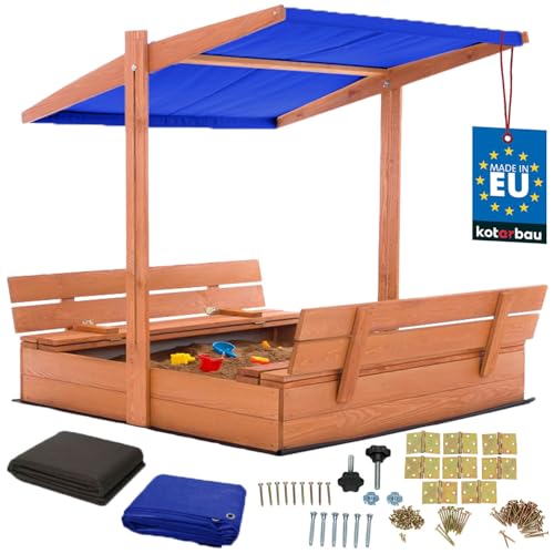 KOTARBAU® Sandkasten mit Abdeckung 120 x 120 cm Großer Braun Holzsandkasten mit Blau Dach Sandkasten mit Deckel Sandkasten mit Dach Gartenspielzeug Kinder imprägniert verschließbar mit Bänken von KOTARBAU