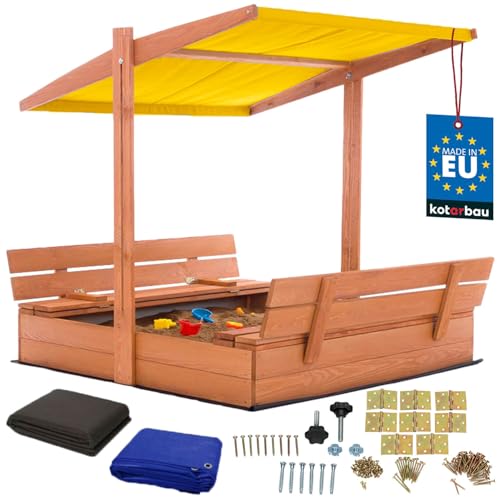 KOTARBAU® Sandkasten mit Abdeckung 120 x 120 cm Großer Braun Holzsandkasten mit Gelb Dach Sandkasten mit Deckel Sandkasten mit Dach Gartenspielzeug Kinder imprägniert verschließbar mit Bänken von KOTARBAU