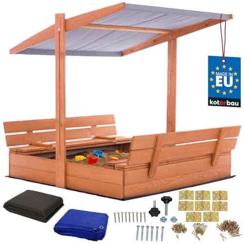 KOTARBAU® Sandkasten mit Abdeckung 120 x 120 cm Großer Braun Holzsandkasten mit Grau Dach Sandkasten mit Deckel Sandkasten mit Dach Gartenspielzeug Kinder imprägniert verschließbar mit Bänken von KOTARBAU