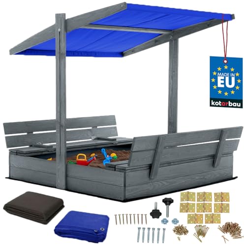 KOTARBAU® Sandkasten mit Abdeckung 120 x 120 cm Großer Grau Holzsandkasten mit Blau Dach Sandkasten mit Deckel Sandkasten mit Dach Gartenspielzeug Kinder imprägniert verschließbar mit Bänken von KOTARBAU