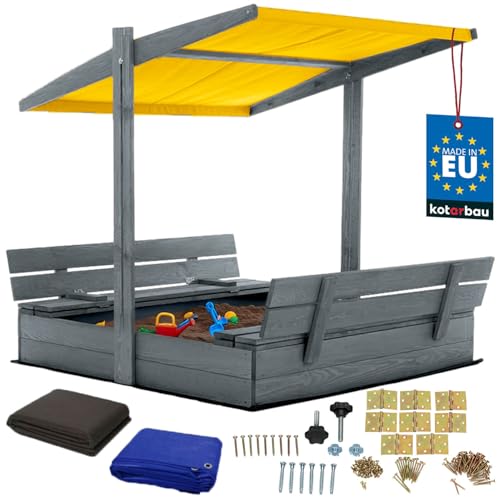 KOTARBAU® Sandkasten mit Abdeckung 120 x 120 cm Großer Grau Holzsandkasten mit Gelb Dach Sandkasten mit Deckel Sandkasten mit Dach Gartenspielzeug Kinder imprägniert verschließbar mit Bänken von KOTARBAU