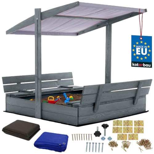 KOTARBAU® Sandkasten mit Abdeckung 120 x 120 cm Großer Grau Holzsandkasten mit Grau Dach Sandkasten mit Deckel Sandkasten mit Dach Gartenspielzeug Kinder imprägniert verschließbar mit Bänken von KOTARBAU