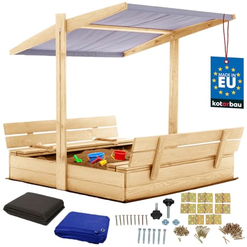 KOTARBAU® Sandkasten mit Abdeckung 120 x 120 cm Großer Natufarbe Holzsandkasten mit Grau Dach Sandkasten mit Deckel Sandkasten mit Dach Gartenspielzeug Kinder imprägniert verschließbar mit Bänken von KOTARBAU
