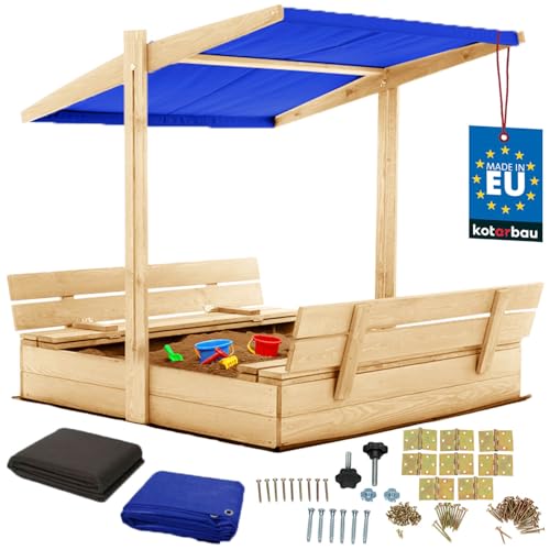 KOTARBAU® Sandkasten mit Abdeckung 120 x 120 cm Großer Naturfarbe Holzsandkasten mit Blau Dach Sandkasten mit Deckel Sandkasten mit Dach Gartenspielzeug Kinder imprägniert verschließbar mit Bänken von KOTARBAU