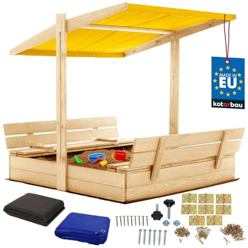 KOTARBAU® Sandkasten mit Abdeckung 120 x 120 cm Großer Naturfarbe Holzsandkasten mit Gelb Dach Sandkasten mit Deckel Sandkasten mit Dach Gartenspielzeug Kinder imprägniert verschließbar mit Bänken von KOTARBAU