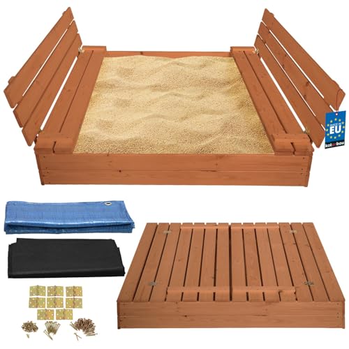 KOTARBAU® Sandkasten mit Abdeckung 140 x 140 cm Braun Großer Holzsandkasten Sandkasten mit Sitzbank und Deckel Gartenspielzeug Kinder imprägniert verschließbar mit Bänken von KOTARBAU