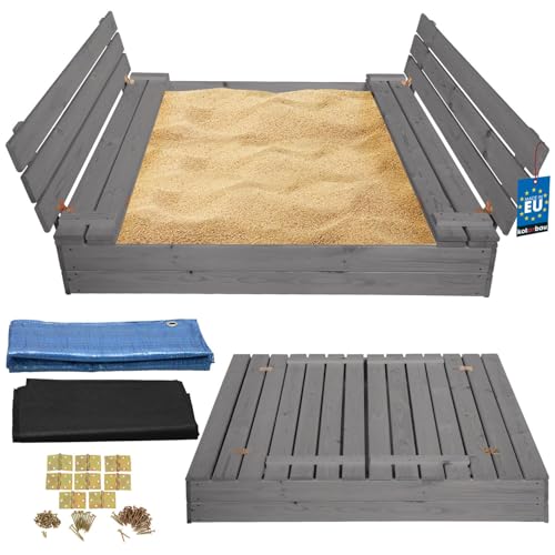 KOTARBAU® Sandkasten mit Abdeckung 140 x 140 cm Grau Großer Holzsandkasten Sandkasten mit Sitzbank und Deckel Gartenspielzeug Kinder imprägniert verschließbar mit Bänken von KOTARBAU