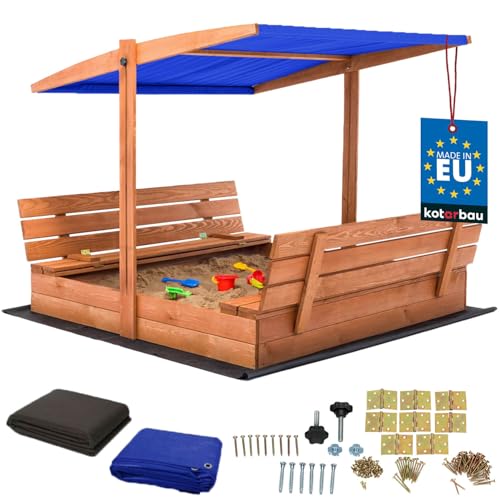 KOTARBAU® Sandkasten mit Abdeckung 140 x 140 cm Großer Braun Holzsandkasten mit Blau Dach Sandkasten mit Deckel Sandkasten mit Dach Gartenspielzeug Kinder imprägniert verschließbar mit Bänken von KOTARBAU