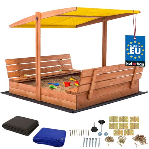 KOTARBAU® Sandkasten mit Abdeckung 140 x 140 cm Großer Braun Holzsandkasten mit Gelb Dach Sandkasten mit Deckel Sandkasten mit Dach Gartenspielzeug Kinder imprägniert verschließbar mit Bänken von KOTARBAU
