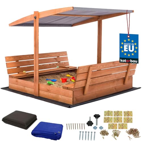 KOTARBAU® Sandkasten mit Abdeckung 140 x 140 cm Großer Braun Holzsandkasten mit Grau Dach Sandkasten mit Deckel Sandkasten mit Dach Gartenspielzeug Kinder imprägniert verschließbar mit Bänken von KOTARBAU