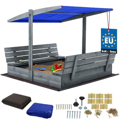 KOTARBAU® Sandkasten mit Abdeckung 140 x 140 cm Großer Grau Holzsandkasten mit Blau Dach Sandkasten mit Deckel Sandkasten mit Dach Gartenspielzeug Kinder imprägniert verschließbar mit Bänken von KOTARBAU