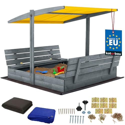 KOTARBAU® Sandkasten mit Abdeckung 140 x 140 cm Großer Grau Holzsandkasten mit Gelb Dach Sandkasten mit Deckel Sandkasten mit Dach Gartenspielzeug Kinder imprägniert verschließbar mit Bänken von KOTARBAU