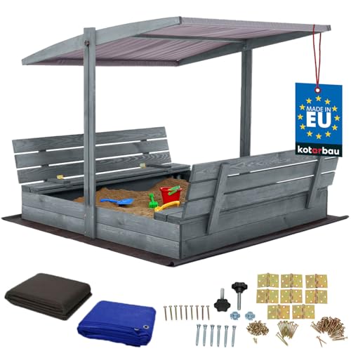 KOTARBAU® Sandkasten mit Abdeckung 140 x 140 cm Großer Grau Holzsandkasten mit Grau Dach Sandkasten mit Deckel Sandkasten mit Dach Gartenspielzeug Kinder imprägniert verschließbar mit Bänken von KOTARBAU