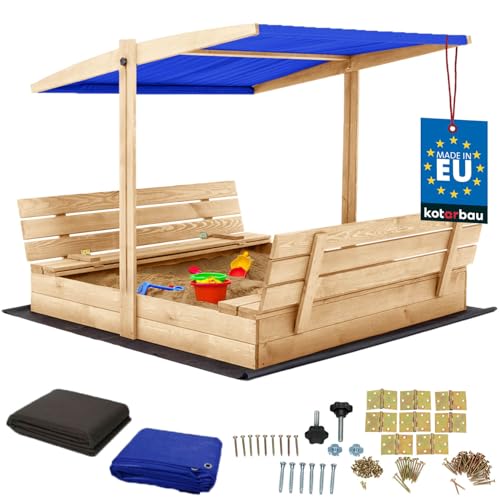 KOTARBAU® Sandkasten mit Abdeckung 140 x 140 cm Großer Naturfarbe Holzsandkasten mit Blau Dach Sandkasten mit Deckel Sandkasten mit Dach Gartenspielzeug Kinder imprägniert verschließbar mit Bänken von KOTARBAU