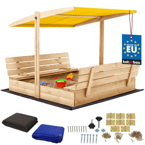KOTARBAU® Sandkasten mit Abdeckung 140 x 140 cm Großer Naturfarbe Holzsandkasten mit Gelb Dach Sandkasten mit Deckel Sandkasten mit Dach Gartenspielzeug Kinder imprägniert verschließbar mit Bänken von KOTARBAU
