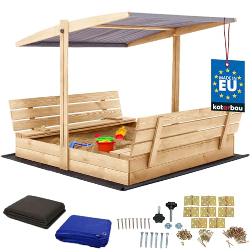 KOTARBAU® Sandkasten mit Abdeckung 140 x 140 cm Großer Naturfarbe Holzsandkasten mit Grau Dach Sandkasten mit Deckel Sandkasten mit Dach Gartenspielzeug Kinder imprägniert verschließbar mit Bänken von KOTARBAU