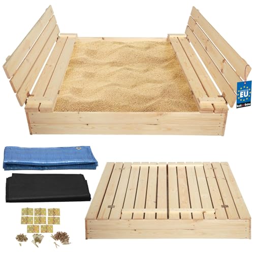 KOTARBAU® Sandkasten mit Abdeckung 140 x 140 cm Naturfarbe Großer Holzsandkasten Sandkasten mit Sitzbank und Deckel Gartenspielzeug Kinder imprägniert verschließbar mit Bänken von KOTARBAU