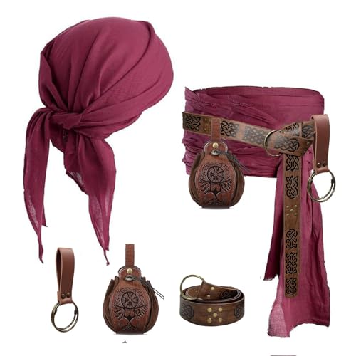 KOTORA Piratenkostüm, Kopftuch, Bandana, Hut, Taillenschärpe, mittelalterliche Gürteltasche, Gold-Münzgeldbörse, Festivalkleid, Halloween-Zubehör (Phoenix-Braun) von KOTORA