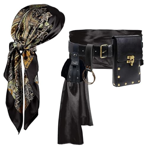 KOTORA Piratenkostüm, Piratenkopftuch, Bandanas, Gürtel, Taillenschärpe, mittelalterliche Gürteltasche, Münzbörse, Lederhaken, Festival-Sets (Muster schwarz, 2 Beutel) von KOTORA