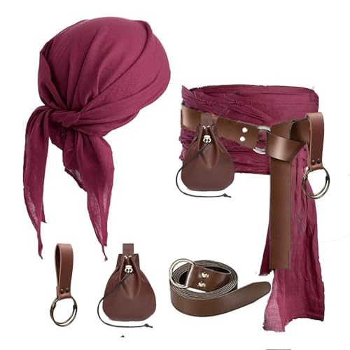 Piratenkostüm, Kopftuch, Bandana, Hut, Taillenschärpe, mittelalterlicher Gürtelbeutel, Gold-Münzgeldbörse, Festivalkleid, Halloween-Zubehör (Beutel, braun) von KOTORA