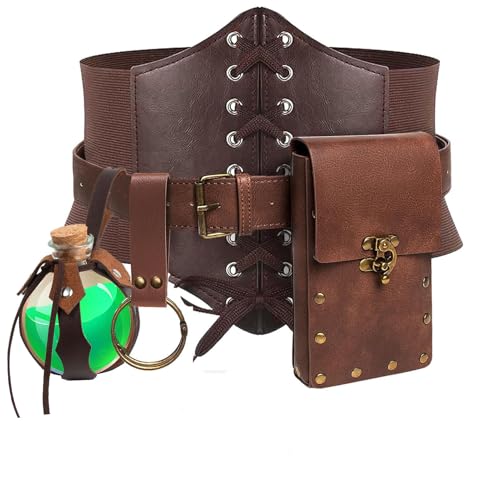 KOTORA Renaissance-Kostüm-Set, Korsett, Bund, Gürteltasche, Geldbörse, Zaubertrank, Flasche, Rock, Wanderung, Steampunk, Mittelalter, Halloween, 3 Flaschenbraun, L/Waist 32"-43" KOTORA Renaissance-Kostüm-Set, Korsett, Bund, Gürteltasche, Geldbörse, Zaubertrank, Flasche, Rock, Wanderung, Steampunk, Mittelalter, Halloween, 3 Flaschenbraun, L/Waist 32"-43" von KOTORA