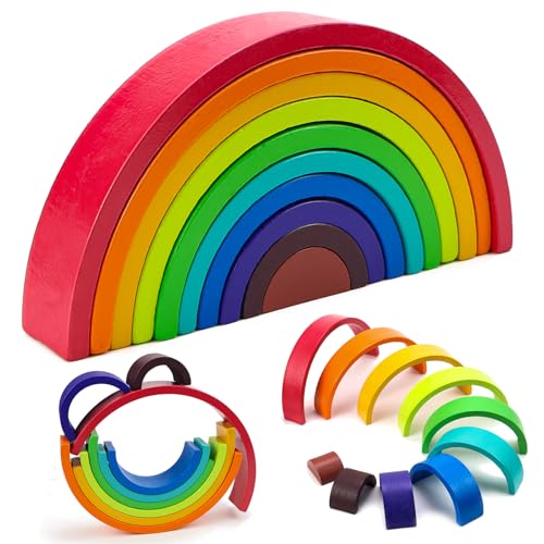 Regenbogen Holz Spielzeug Regenbogen Bausteine Holz Vorschule Stapeln Spielzeug 10 Teiliger Bogen für Kinder 18.5x9.5x3cm (10 Farben) von KOUHA