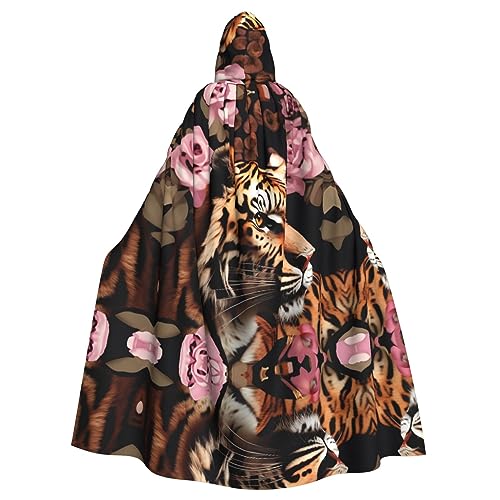 KOUUIP Umhang mit Kapuze für Erwachsene, Tiger, Leopardenmuster, Rosen-Druck, mit Kapuze, Halloween, Weihnachten, Hexenumhang, Kostüm, Partyzubehör von KOUUIP