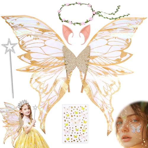KOVSGQ Feenflügel Kinder Feenflügel Erwachsene Schmetterlingsflügel Flügel kostüm Feenflügel kostüm mit Elfenöhren fee Stirnband und Sterne Feenstäbe Geeignet Halloween Cosplay Party (Gold) von KOVSGQ