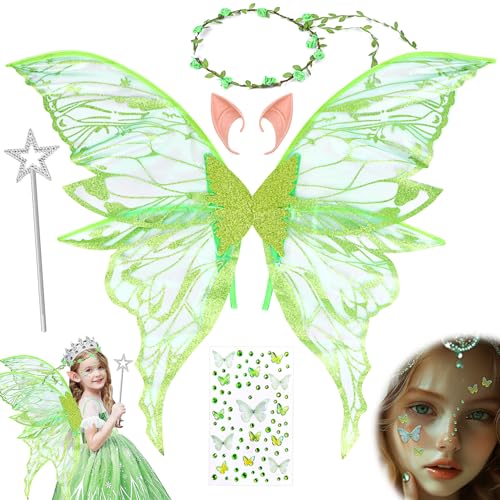 KOVSGQ Feenflügel Kinder Feenflügel Erwachsene Schmetterlingsflügel Flügel kostüm Feenflügel kostüm mit Elfenöhren fee Stirnband und Sterne Feenstäbe Geeignet Halloween Cosplay Party (Grün) von KOVSGQ