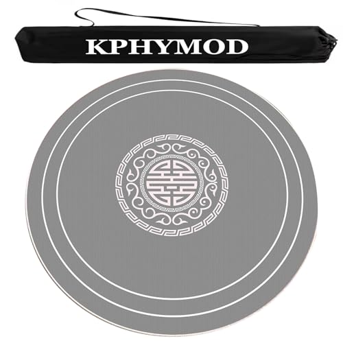 KPHYMOD Mahjong Spiel Matte Chinesisch Bedruckte Mahjong-Tischmatte mit Aufbewahrungstasche, rutschfeste, geräuschreduzierende runde Tischdecke, Brettspielmatte aus Samt(Gray,55.12x55.12 in) von KPHYMOD