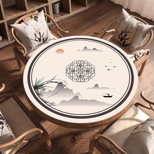 KPHYMOD Mahjong Spiel Matte Chinesische Mahjong-Tischmatte mit Tasche und 3 Würfeln, rutschfeste, geräuschreduzierende runde Tischdecke aus Samt, Brettspielmatte(Beige,55.12x55.12 in) von KPHYMOD