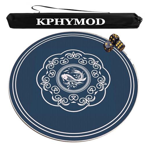 KPHYMOD Mahjong Spiel Matte Chinesische Mahjong-Tischmatte mit Tasche und 3 Würfeln, rutschfeste, geräuschreduzierende runde Tischdecke aus Samt, Brettspielmatte(Blue,51.18x51.18 in) von KPHYMOD