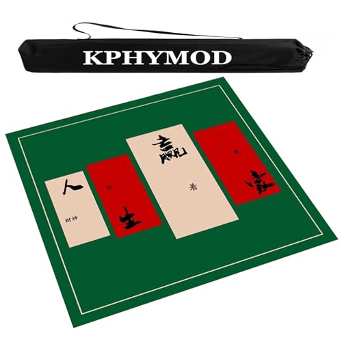 KPHYMOD Mahjong Spiel Matte Grüne Mahjong-Tischmatte, rutschfest, geräuschreduzierend, runde Tischdecke, quadratische Wildleder-Spielmatte mit Spielfliesen und Aufbewahrungstasche(51.18x51.18 in) von KPHYMOD