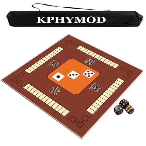 KPHYMOD Mahjong Spiel Matte Mahjong-Matte Mit Anleitung Und Regeln, rutschfeste Und Geräuschreduzierende Tischdecke, Brettspielmatte Mit Tragetasche Und 3 Würfeln(Brown,23.62x23.62 in) von KPHYMOD