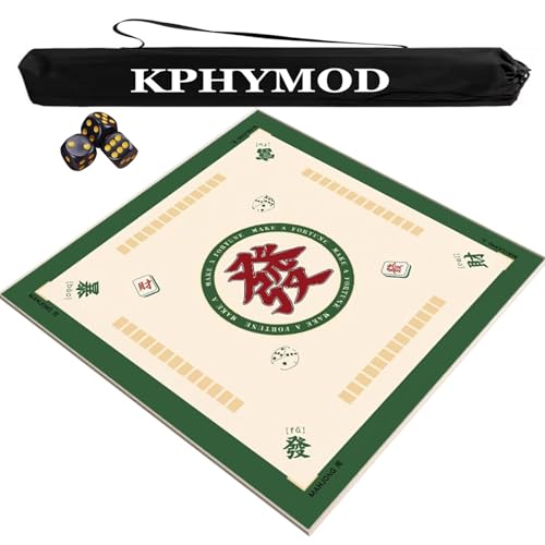 KPHYMOD Mahjong Spiel Matte Verdickte Mahjong-Matte mit Regeln, Rutschfester und geräuschreduzierender Kartenspielmatte, Tischdecke mit Tragetasche und 3 Würfeln(Green,27.56x27.56 in) von KPHYMOD
