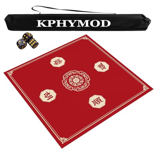 Mahjong Spiel Matte Quadratische Mahjong-Tischmatte mit Reisetasche und 3 Würfeln, rutschfeste Tischdecke mit Geräuschreduzierung, Spielmatte für Poker- und Paigow-Brettspiele(Red,55.12x55.12 in) von KPHYMOD