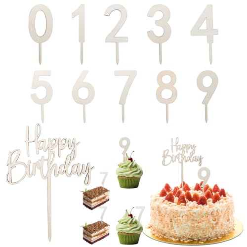 KQDRAVINE 11 Tortendeko Geburtstag, Holzzahlen 0–9, Happy Birthday Cake Topper，Holztortendekorationen, geeignet für Geburtstagsfeiern von Mädchen, Jungen, Frauen und Männern, Hochzeiten und Jubiläen von KQDRAVINE