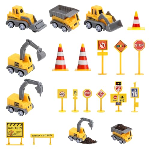 KQDRAVINE Bagger Tortendeko Set Tortendeko Baustelle Miniatur Deko, Mini Bagger Traktor Kuchendeko Baustelle Verkehrszeichen-Zubehör, Baustellen-Spielzeugauto, Kinderspielzeugauto, Tortendeko-Zubehör von KQDRAVINE