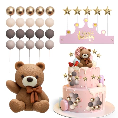 KQDRAVINE 27 Stück Teddybär Tortendeko Kugeln Pink Geburtstagskappe Set, Kuchendeko 1. Geburtstag, Tortendeko Taufe Junge Nicht essbare Kuchendekorationen für Hochzeiten, Party von KQDRAVINE