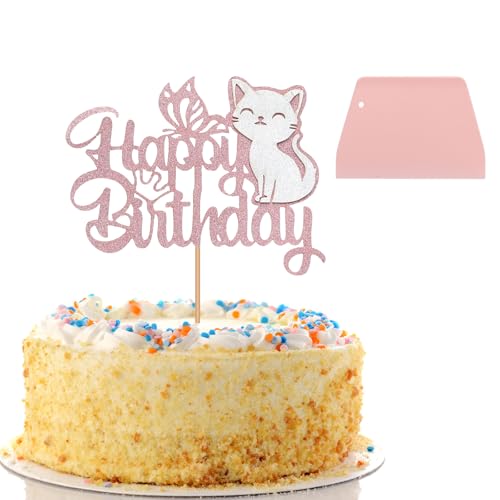 KQDRAVINE Tortendeko Katzen Geburtstag Deko mit Kuchenschaber, Glitzer Katzen Deko, Kuchendekoration Kuchen Deko Geburtstag Katze Kuchen Topper, für Kätzchen Thema Baby Dusche Kinder Party von KQDRAVINE