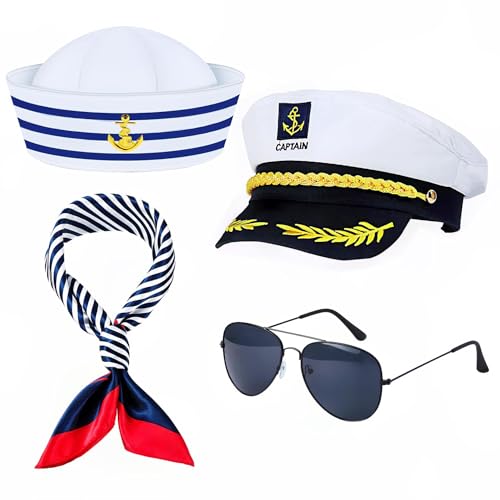 KQLHLHDYZ 4-teiliges Captain Matrosen-Set, marineblaues Matrosen-Kostüm mit Hut, Schal, Sonnenbrille und Party-Kostüm für Kinder, Erwachsene, Herren, Damen KQLHLHDYZ 4-teiliges Captain Matrosen-Set, marineblaues Matrosen-Kostüm mit Hut, Schal, Sonnenbrille und Party-Kostüm für Kinder, Erwachsene, Herren, Damen von KQLHLHDYZ