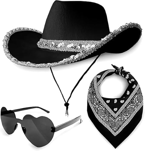 KQLHLHDYZ Cowboyhut-Kostüm-Set mit Paisley-Bandanna und Brille, Cowboy-Kostüm, für Geburtstag, Halloween, Junggesellinnenabschied, 3-teilig von KQLHLHDYZ