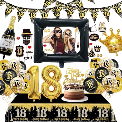 KQMGJYB 18 Geburtstag Deko Junge Mädchen, Deko 18. Schwarz Gold Luftballon mit Fotorequisiten Tischdecke Vorhang für Geburtstag Party Dekoration KQMGJYB 18 Geburtstag Deko Junge Mädchen, Deko 18. Schwarz Gold Luftballon mit Fotorequisiten Tischdecke Vorhang für Geburtstag Party Dekoration von KQMGJYB