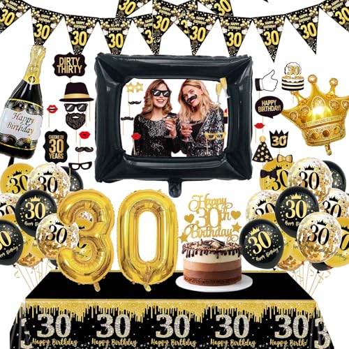 KQMGJYB 30 Geburtstag Deko Männer Frauen, Deko 30. Schwarz Gold Luftballon mit Fotorequisiten Tischdecke Vorhang für Geburtstag Party Dekoration KQMGJYB 30 Geburtstag Deko Männer Frauen, Deko 30. Schwarz Gold Luftballon mit Fotorequisiten Tischdecke Vorhang für Geburtstag Party Dekoration von KQMGJYB