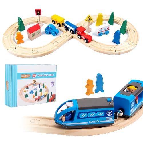 KQWVZ 35PCS Holzeisenbahn Set für Kinder, Holzeisenbahn Zug Set mit Eisenbahn Elektrische Lok, Züge Eisenbahn Anfängerset mit Verkehrsschilder, Holzschienen-Set für Jungen und Mädchen von KQWVZ