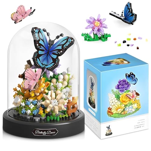 KQWVZ Blumen Bausteine Set, Schmetterling Blumen Micro Baustein Set, Mikro Blumen, Blumen Insekten Klemmbausteine Bausteine Mit Staubdichte Kuppel Und Sockel, Geschenkfür Kinder Erwachsene (530PCS) von KQWVZ