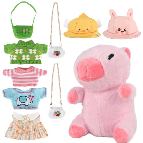 KQWVZ Capybara Kuscheltier 23cm, 9PCS Kabibara Kuscheltiere, Niedlichen Capibara Ankleidespielzeug mit Kleidung Hut Rucksack, Capybara Plüschtier, Spielzeug Ab 3 Jahre für Mädchen Jungen von KQWVZ