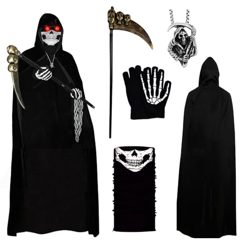 KQWVZ Halloween-Kostüm-Set, 5-teiliges Halloween-Kostüm für Kinder, Sensenmann, Sensenmann-Kostüm mit Umhang, Totenkopf-Handschuhe, Totenkopf-Maske, Sensenmann-Sense und Partyzubehör für Jugendliche von KQWVZ